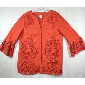 Chico's Lace Cut Out Detail Lined Tunic Top Rust Red Bell Sleeves Size 1 or 8/10